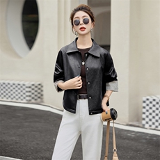 2025秋季女装新款大量现货时尚韩版立领袖口翻边撞色短款皮衣外套，女装皮衣，跑量工厂店