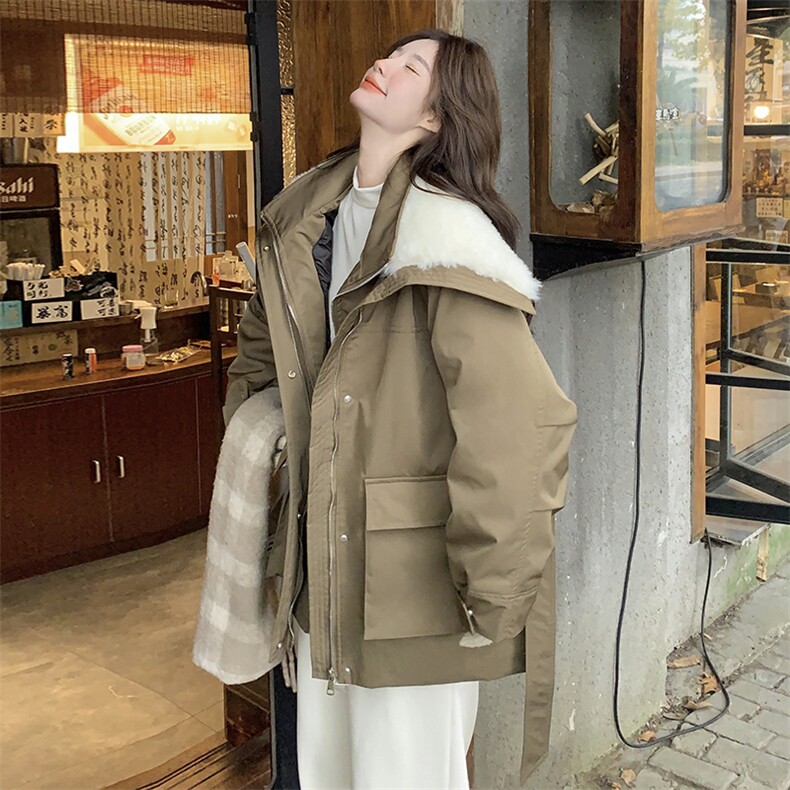 2024年冬季新款现货仿羊羔毛拼接羽绒服中长款派克服,女装羽绒服,橙子家