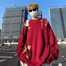 不规则破洞圆领针织衫男秋冬季街头慵懒风宽松情侣毛衣7178，男装针织衫/毛衣，星座506