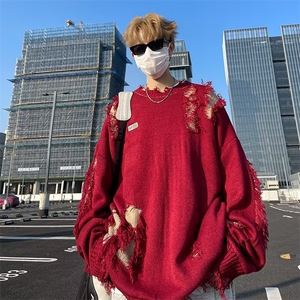 不规则破洞圆领针织衫男秋冬季街头慵懒风宽松情侣毛衣7178图片