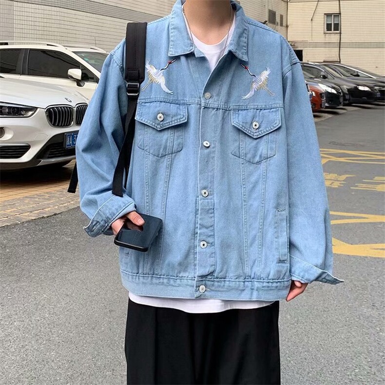 复古做旧刺绣仙鹤牛仔外套男秋bf百搭宽松工装情侣外套W1086-P50,男装夹克,星座512-4