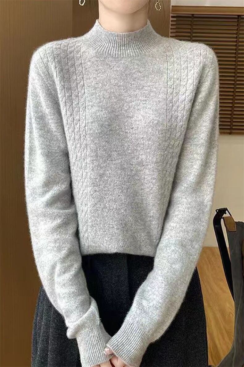 一线成衣100%羊毛衫女半高领提花亮丝针织毛衣宽松打底羊绒衫上衣,针织衫/毛衣,萱芳婷羊绒