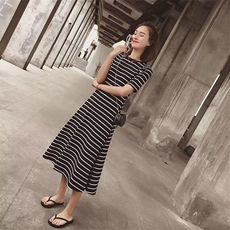 慵懒风条纹针织连衣裙夏季微胖mm显瘦宽松遮肚子法式温柔裙子，女装连衣裙，星座506A