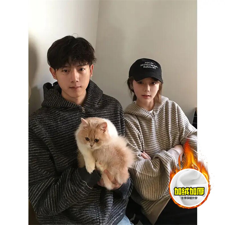 480G重磅加绒硬挺boxy男女秋冬美式高街条纹毛呢卫衣开衫厚外套，女装短外套，电商A486-1