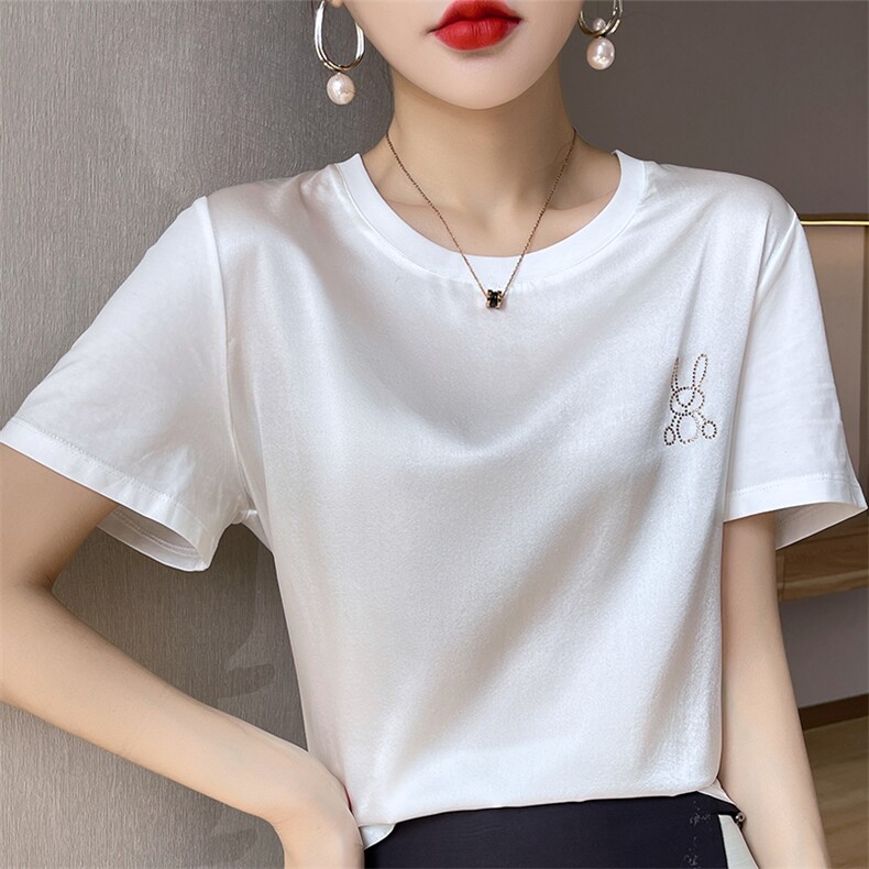 重磅真丝t恤女短袖印花桑蚕丝白色圆领小衫2024夏装半袖短款上衣，女装T恤，兴泰羊绒