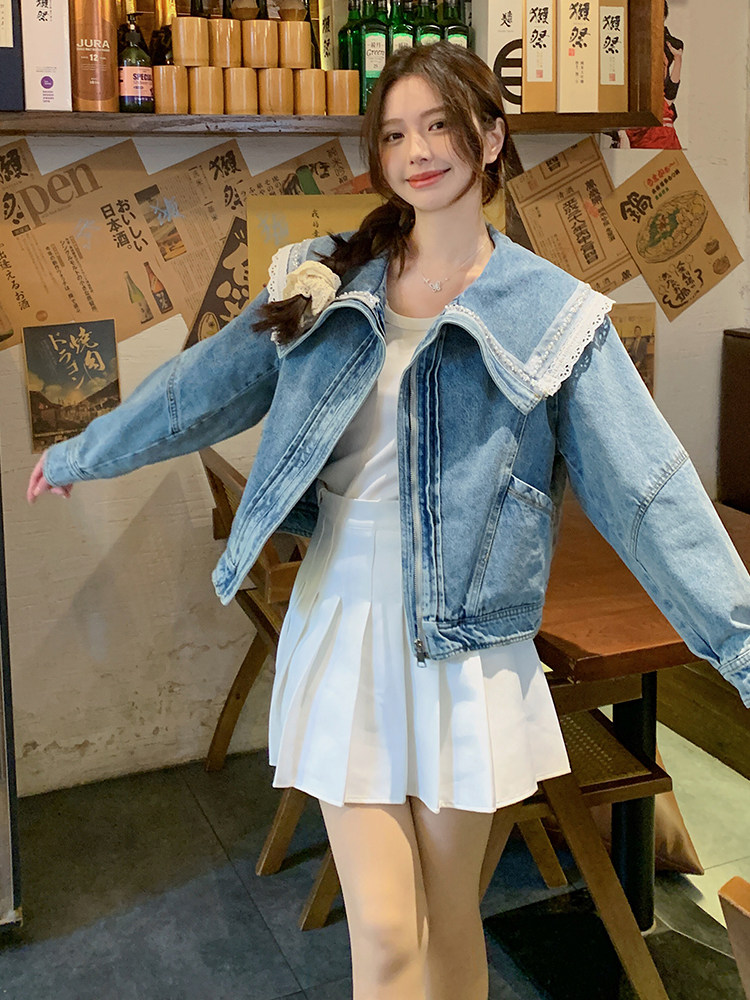 港风甜美蕾丝拼接牛仔外套女小个子2025春季新款短款钉珠翻领上衣,女装牛仔外套,蝶眷