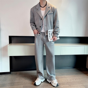 秋潮牌宽松发型师夜店纯色西服夹克两件套阔腿裤套装男TZ268-P205图片