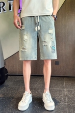 2025新款夏季水洗牛仔短裤男士破洞印花休闲五分裤潮男901N20P38，男装牛仔裤，星座901