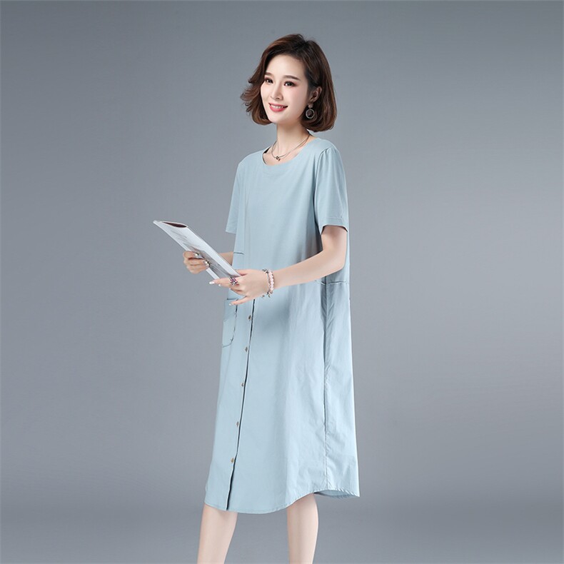 2021年夏季通勤韩版圆领高腰a字裙40-49周岁不对称套头裙子,女装连衣裙,伊满意