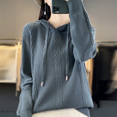 时尚橙色绞花帽衫显瘦百搭针织衫柔软舒适仿羊毛衫，女装针织衫/毛衣，大美人包芯纱店