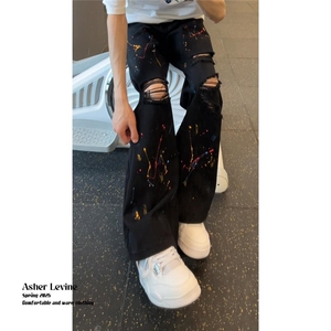 K16018-p38网络图）现货微喇牛仔裤拼接无弹阔腿微喇裤老爹裤长裤图片
