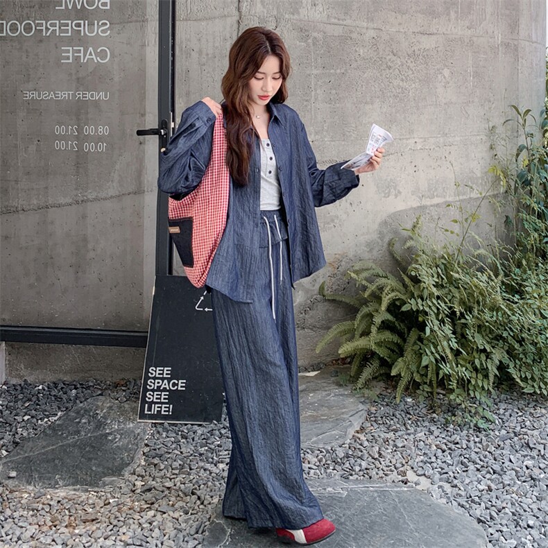 高级小众穿搭韩系chic蓝色衬衫套装女初春秋超火好看阔腿裤三件套,女装套装/套裙,2C056