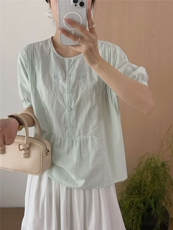 新款纯色短袖圆领简约修身套头上衣女，女装针织衫/毛衣，洛丽兰可