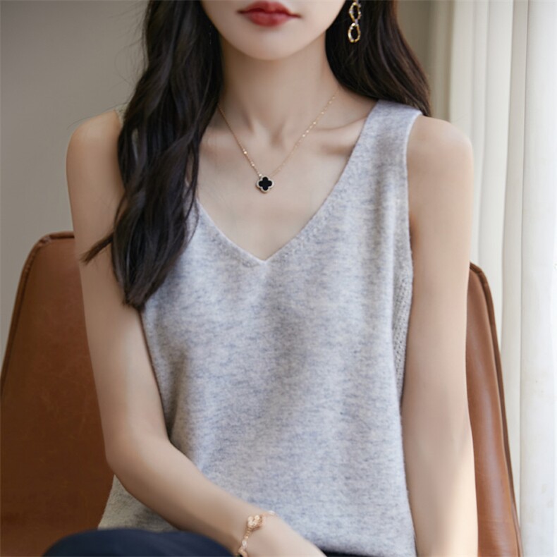 时尚V领镂空吊带背心女夏季新款修身显瘦针织打底衫内搭上衣，女装背心吊带，宏杨羊绒