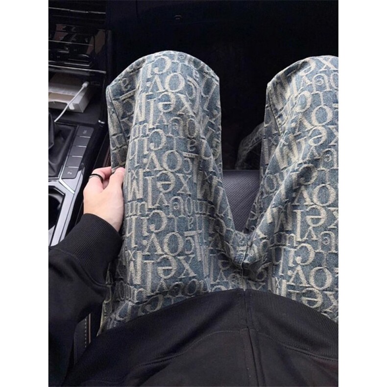 春秋美式复古满印牛仔裤男款新款设计感潮牌vibe修身弯刀微喇裤子,男装牛仔裤,四季星座505