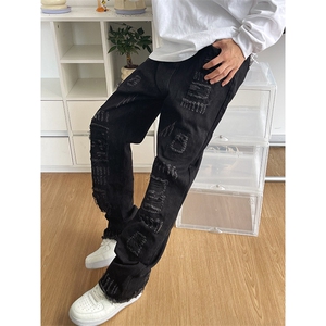 B221 美式ins高街小众假破洞修身微喇牛仔裤 LK22065-P65 控88图片