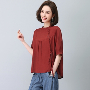天丝T恤女2023新款夏季时尚中年妈妈小个子遮肉显瘦宽松棉麻上衣图片
