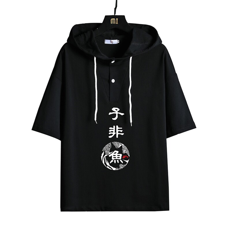 LD54070-P45连帽短袖t恤男大码胖子带帽五分袖中袖网格挂拍,男装T恤,电商A040A
