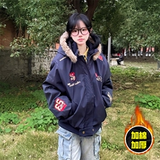 现货高品质美式高街重磅刺绣座山雕大毛毛领棉衣男女加厚棉服外套，男装棉衣，电商A486-1