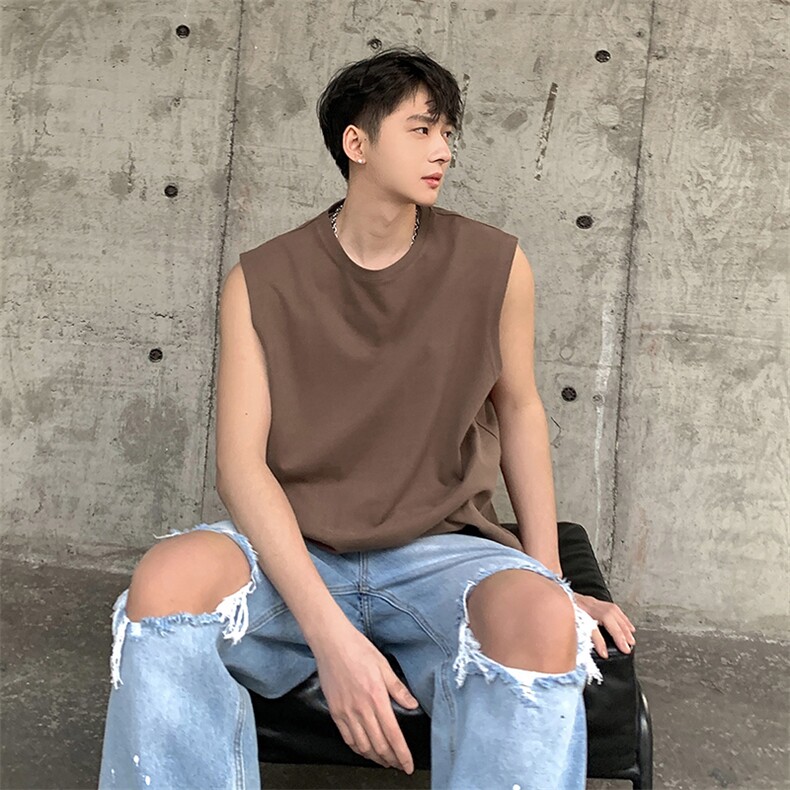 百搭复古街头风T恤日常百搭宽松圆领夏季休闲坎肩上衣HY48TP13，男装T恤，电商A102B