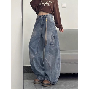 美式廓形弯刀牛仔裤男女同款潮牌设计感小众直筒阔腿长裤图片