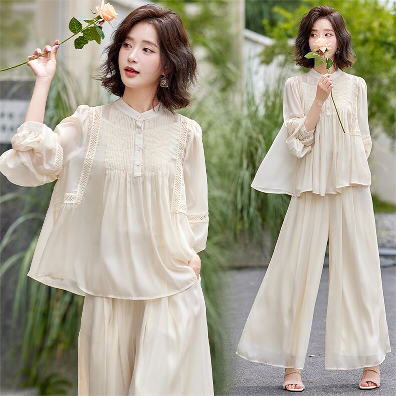 超仙时尚雪纺套装女2025春夏新款半透减龄显瘦流行阔腿裙裤三件套，女装套装/套裙，水衣源