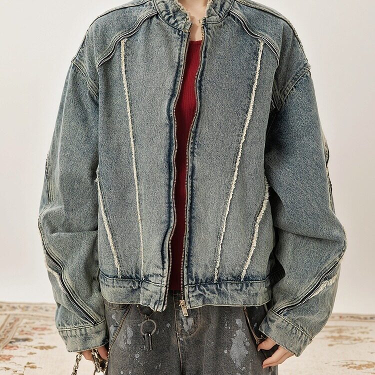 JK8632-P64 美式复古解构毛边水洗牛仔外套图片