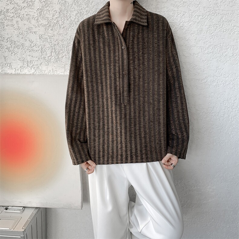 S-3XL 复古条纹半开领长袖衬衫上衣宽松慵懒休闲衬衣男CS534P48图片
