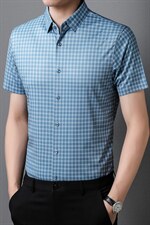 夏季新款格子衬衫男冰丝短袖商务休闲寸衫中年男士爸爸衬衣，男装衬衫，电商B212（原钱塘6029）