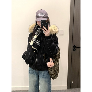 现货重磅boxy短款棉衣座山雕大毛毛领男女棉服水洗工装厚外套图片