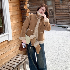 2025冬季新款皮毛一体配小手套休闲外套现货，女装羊羔毛/颗粒绒，乐吉娜