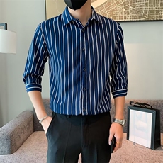百搭衬衫标准简约ins条纹春季潮男原宿新款七分袖潮流C156-5，男装衬衫，星座1116A-2（原606A-1）