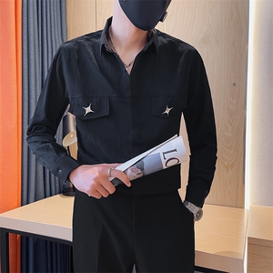 301A-1/H516/P58 秋季男士纯色暗花长袖衬衫男痞帅口袋装饰衬衣图片