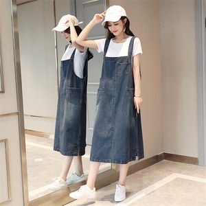 孕妇春夏装宽松超长款过膝背带裙长裙夏季吊带黑色连衣裙图片