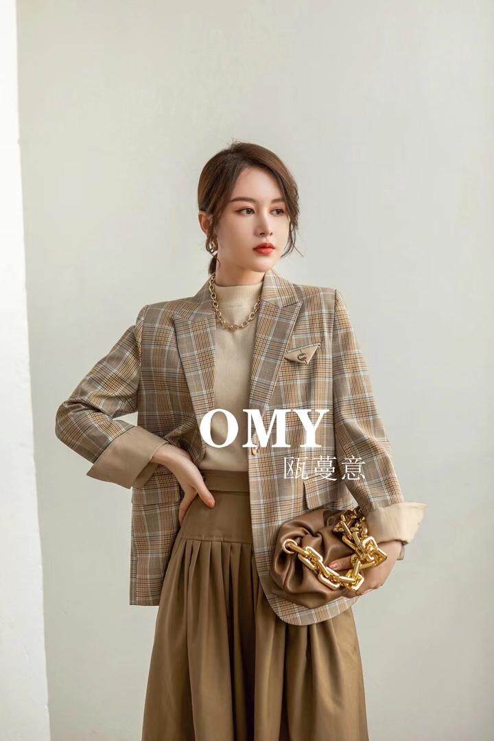 格子西装外套，女装西装，OMY 瓯蔓意