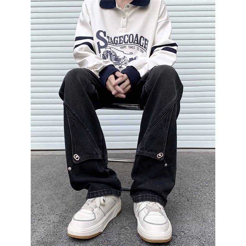 B221美式ins高街暗黑拼接直筒工装牛仔裤LK24147-P70控98,男装牛仔裤,电商B221