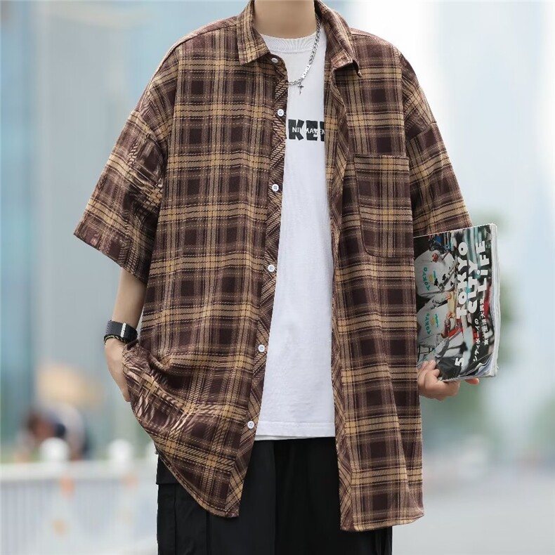 夏季港风格子衬衫男痞帅衬衣潮流日系青少年学生外套CY361-P32,男装衬衫,星座412-3