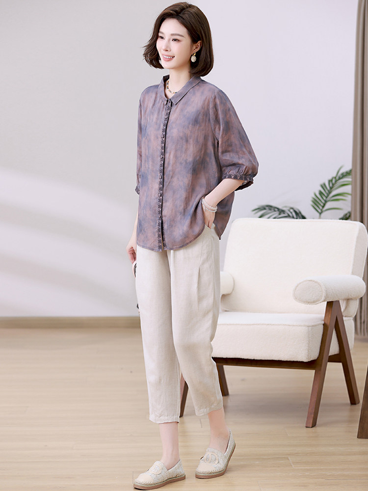 苎麻上衣亚麻裤套装女2024新款妈妈减龄穿搭两件套，女装套装/套裙，忆绮罗
