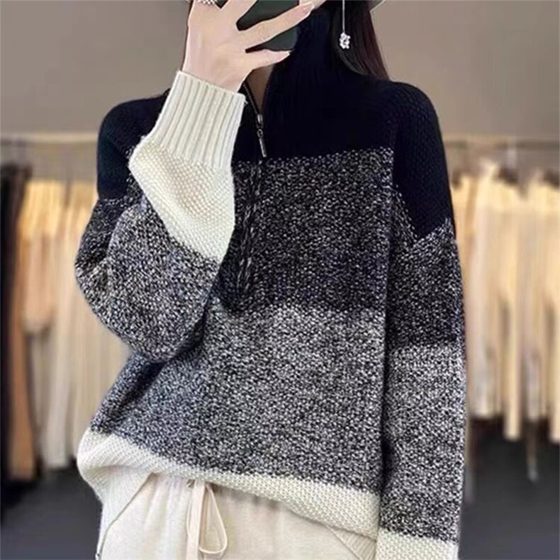 秋冬拉链高领100%羊毛衫女复古撞色长袖毛衣宽松慵懒羊绒针织打底,针织衫/毛衣,萱芳婷羊绒