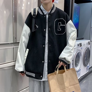 男秋季外套潮牌街头新款美式棒球服拼接男ins潮毛呢拼皮H03P63图片