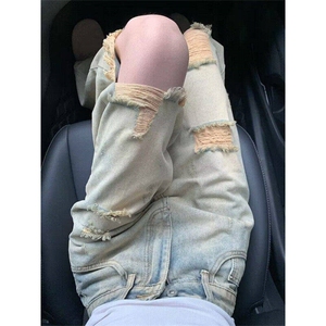 美式高街做旧破洞牛仔裤女夏季设计感高腰显瘦阔腿长裤L91366-P48图片
