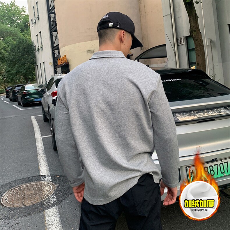 抖音得物高品质美式高街重磅曼巴棉结构螺纹拼接翻领卫衣长袖T恤,男装T恤,电商A486-1