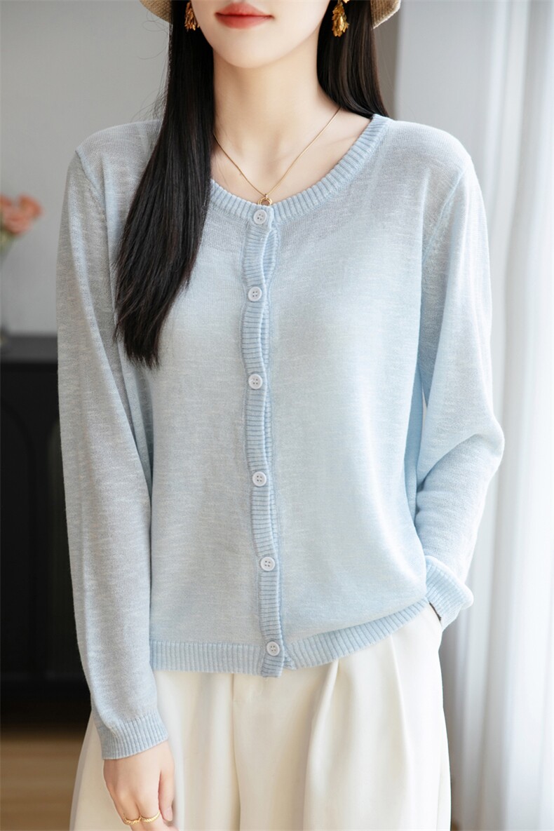 圆领针织开衫长袖女2025夏新款纯色薄款空调防晒罩衫百搭外套上衣,针织衫/毛衣,菲奥羊绒