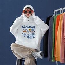 中性秋季潮流雪山印花宽松情侣连帽卫衣W220P35控48，男装卫衣，A247A