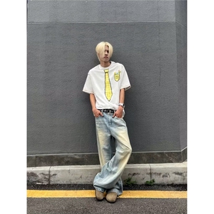 美式复古水洗黄泥染直筒牛仔裤男文艺无品牌潮流新款时尚简约百搭图片