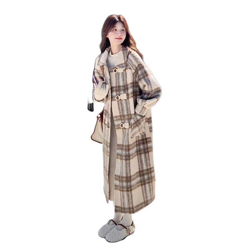 2025年冬季新款夹棉内胆格子长款呢大衣外套203-8821-P205-K308,女装毛呢外套,浪娴服饰