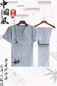2021新款男士T恤V领中国风棉麻印花大码休闲套装QT2026-M026图片