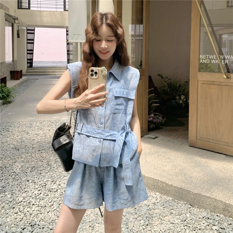 现货高档面料印花衬衫短裤两件套2C090-8875-P155-K228,女装套装/套裙,2C090