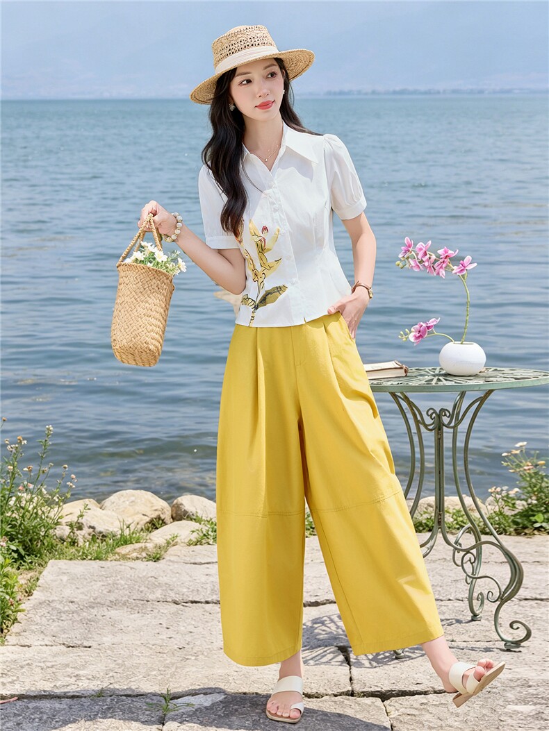 轻熟风时尚小翻领衬衫套装女2026夏气质印花上衣休闲裤两件套,女装套装/套裙,水衣源