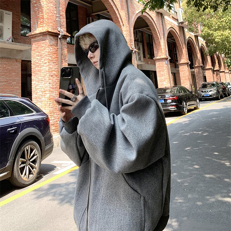 双拉链设计秋冬宽松连帽毛呢卫衣开衫男女外套B289-Z0365-P128,女装短外套,电商B289